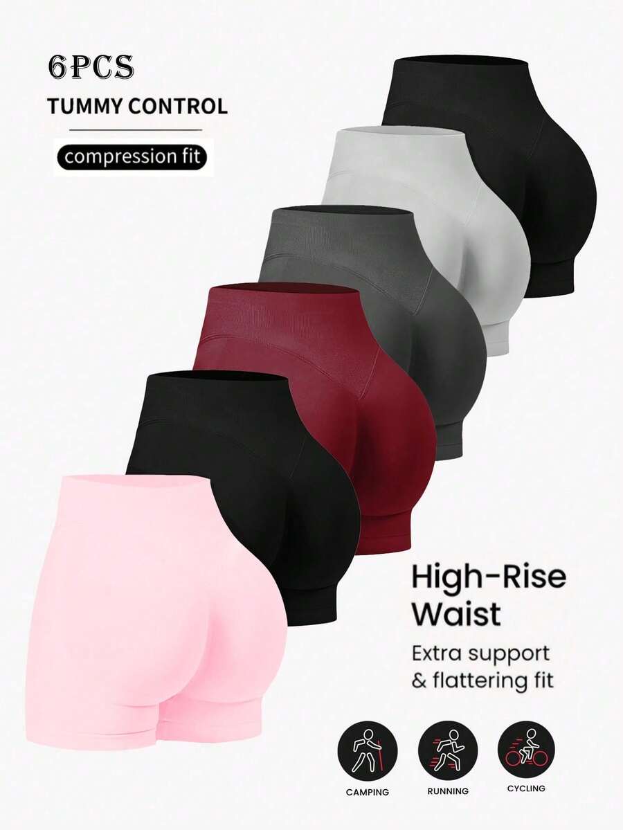 Bộ 6 quần short thể thao ngoài trời co giãn liền mạch nâng mông chạy bộ tập luyện yoga cho nữ, thích hợp mặc hàng ngày và tập thể dục, quần short tập gym màu trơn, quần short đi xe đạp, - Nhiều màu - Xem 1