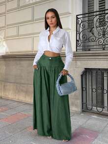 2026 New Spring/Summer Women's Solid Color Casual Elegant Street Outing Date Back To School Party Pleated Straight Leg High Waist Dark Green Pants, Suitable For Valentine's Day Date, New Year, Beach, Party, Spring Women's, Elegant And Dignified Pants. Women's Pants, Fall Women, Casual Women, Streetwear - Dark Green - View 4