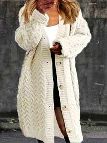 Plus Size Winter Casual Button-Up Long Knit Cardigan - Beige - View 1
