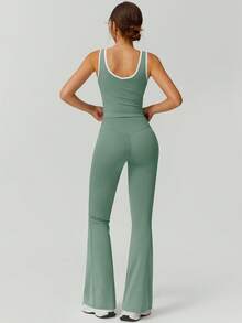 NcmRyu 1 Set Women's High Elasticity Contrast Color V-Neck Waist Cinching Casual Everyday Wear Yoga Fitness Suit (Top & Pants) - Green - View 5