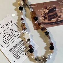 1pc Retro Brown Leopard Print Cat Beaded Phone Lanyard, Short Phone Case Wrist Strap Charm Bead Chain Necklace Camera Hanging Accessory For Women