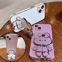 1pc Electroplated TPU Rabbit Phone Holder + 1pc Electroplated Gold Rabbit Hidden Mirror Phone Case + Beaded Flower Bracelet Compatible With IPhone 16, 15 Pro, S24, S23, S22, S21, A11, A12, A13, A14, A53, A54, OPPO A54, Vivo Y21, Redmi Note 9 Pro - Purple - View 4