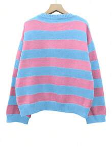 秋季条纹宽松套头毛衣，圆领落肩宽松版型复古韩版休闲毛衣，轻松舒适，适合返校、圣诞节、新年、情人节等场合。 - 藍色 - 查看 5