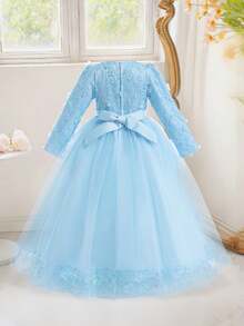 女童圆领长袖蕾丝网纱3D花朵蝴蝶结优雅花童礼服，适合正式派对、生日等场合，不含头饰 - 淺藍色 - 查看 2