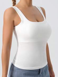 1pc U-Neck Backless Removable Padded Slim Fit Casual White Basic Camisole Top - White - View 4