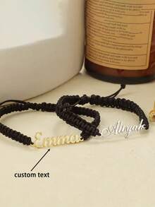 Personalized Couple Name Bracelet, Unique Jewelry, Adjustable Stainless Steel Name Plate Bracelet, Friendship Gift, Handmade Woven Couple Bracelet, Minimalist Design, Durable Woven Strap, Perfect For Valentine's Day, Romantic Gift - Multicolor - View 3