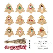 48 etiquetas, 50 piezas de cordel, 4 diseños diferentes, accesorios de decoración navideña, etiquetas de papel kraft grueso, adornos para el árbol de Navidad, etiquetas de regalo, cajas de regalo, tarjetas de accesorios, con cuerda, suministros para fiestas navideñas, regalos de Navidad