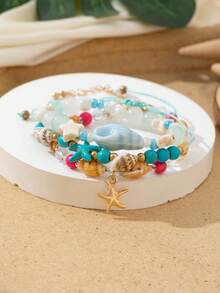 Assorted Color Seashell, Starfish Beaded Bracelet, Beach Vacation Style