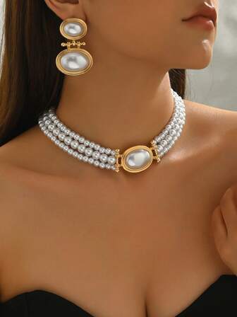 1 Set de Collar y Aretes de Perlas Falsas Multicapa Elegante, Conjunto de Joyas de Perlas Falsas de Lujo Clásico para Mujer, Dos Aretes Colgantes Ovalados, Adecuado para Fiesta, Reunión, Boda, Banquete