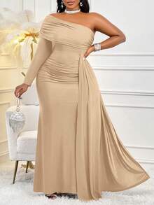 BIUBIU 大码女式不对称领长袖连衣裙，休闲通勤商务情人节派对礼服，适合日常穿着，优雅春季款 - 淺卡其色 - 查看 3