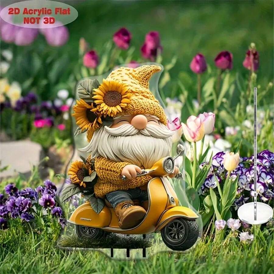 2D Flat Charming Grandpa Riding Motorcycle Garden - Colorful Acrylic Sunlight Catcher, Suitable For Yard And Lawn, Great For Planter And Balcony Decor, Unique Birthday Gift Idea - Yellow - View 1