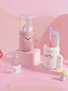 1pc Cute Rabbit Design Travel Toothbrush Box And Mouthwash Cup Set - Portable, Plastic Toothpaste Cup, Bathroom Mouthwash Cup, Space-Saving Hygiene Solution For Carry-On, Suitable For Business Travel And Vacation - Multicolor - View 3