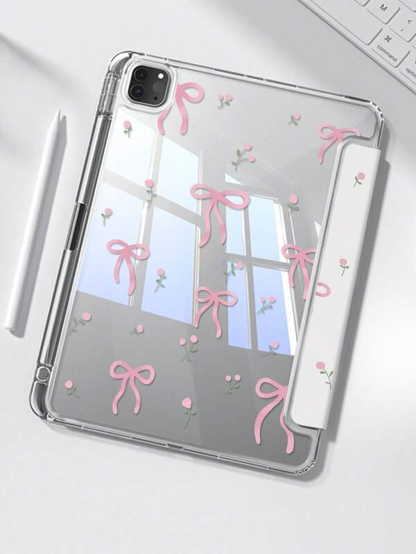 The Beautiful And Cute Pink Flower Letter Bow, Double-Sided Color-Coated Acrylic Transparent Crystal Back Plate, Shockproof, Compatible With The 7th And 8th Generation (10.2-Inch) IPad, 10th Generation Protective Case, Built-In Pen Slot, Supports Sleep And Wake-Up, Festival Gift, New Year Gift