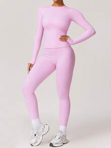 NcmRyu 1 Set Women's Elastic Tight Lifting Shaping Sexy Long Sleeve & Long Pants Sportswear Set Pink Spring - Pink - View 9