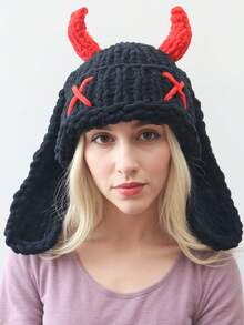 ‌Mystical Devil Horns Knitted Beanie With Soft Plush Ears,Ultra-Warm Winter Hat For Men & Women, Gothic & Punk Fashion Accessory, Halloween & Cosplay Costume