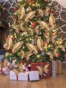 2 piezas Adornos de mariposa con purpurina en forma de árbol de Navidad, decoraciones navideñas de mariposa de tela dorada, mariposa 3D hueca simulada con clips, decoración colgante de pared de mariposa pastel de Navidad para árbol de Navidad, corona, accesorios para el cabello, decoraciones colgantes del árbol de Navidad, decoración de guirnalda, adecuado para fiesta de boda, manualidades navideñas, decoración del hogar, tocados, accesorios de fotografía y decoración del hogar