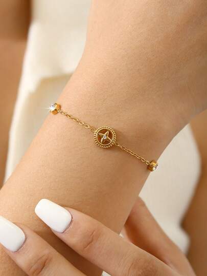 TONSI 1 件精致小众时尚不锈钢 18K 镀金锆石八角星、四叶草手链，适合女性节日、生日、工作、日常佩戴、派对