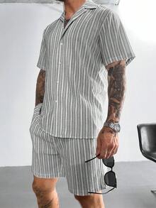 GloMan Style 男士波西米亚风钩针针织衬衫和短裤套装（2件套），多色条纹提花纹理衬衫，适合海滩度假、音乐节、夏威夷风情等场合，是送给他的绝佳礼物，充满复古度假气息。也是送给妈妈的理想礼物。 - 黑與白 - 查看 3
