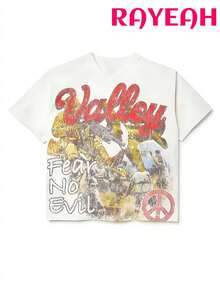 RAYEAH  Y2K Fashionable Men's Round Neck Short Sleeved Printed Casual T-Shirt, Hip-Hop Street Retro Style 180g Pure Cotton, 2025 Battle No Fear Pattern Short Sleeved Versatile Summer Men's And Women's Essential T-Shirt Top - trắng - Xem 1