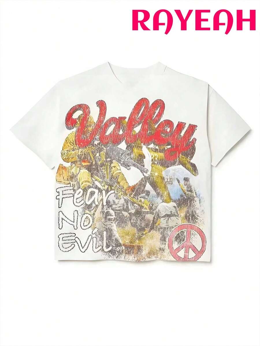 RAYEAH  Y2K Fashionable Men's Round Neck Short Sleeved Printed Casual T-Shirt, Hip-Hop Street Retro Style 180g Pure Cotton, 2025 Battle No Fear Pattern Short Sleeved Versatile Summer Men's And Women's Essential T-Shirt Top - trắng - Xem 1