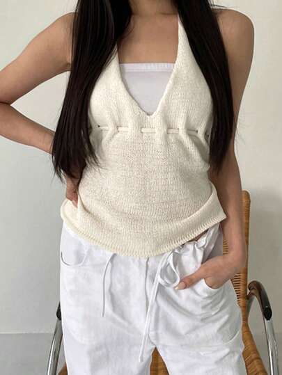 Women's Sexy V-Neck Sleeveless Knit Top, Summer