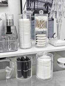 1 pièce Boîte de rangement transparente pour coussinets de maquillage, bocal de rangement avec couvercle, rangement pour outils de nettoyage du visage, support de rangement pour coton démaquillant sur le bureau, accessoires de rangement pour la coiffeuse, accessoires de salle de bain