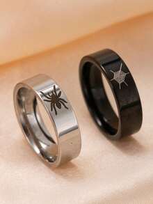 2pcs Stylish Stainless Steel Ring Sets, Personalized Halloween Couple Ring Sets, Glossy Punk Hip-Hop Style Spider Web Ring Sets - Multicolor - View 12