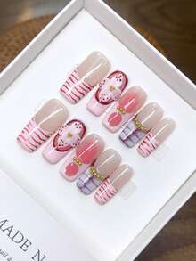 10 piezas/paquete, estilo europeo y americano con forma de uña de almendra, diseño de talla de flores tropicales 3D, color degradado pintado a mano tipo tie-dye con patrón de flor hexagonal tallada en tres dimensiones, uñas elegantes y de lujo hechas a mano, adecuadas para mujeres y niñas, estilo Y2K baddie, elegante y reutilizable.