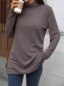 Womens Knit Tops Fall Long Sleeve Turtleneck Solid Color Slit Hem Casual Pullover Sweater - Coffee Brown - View 5