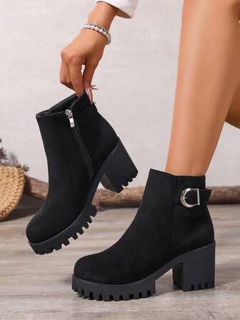 New Fashion Casual Thick Sole Short Boots, Anti-Slip Versatile Solid Color Short Boots With Zipper, Black Short Boots, Chunky Heel Short Boots, Chelsea Short Boots, Versatile Women Shoes