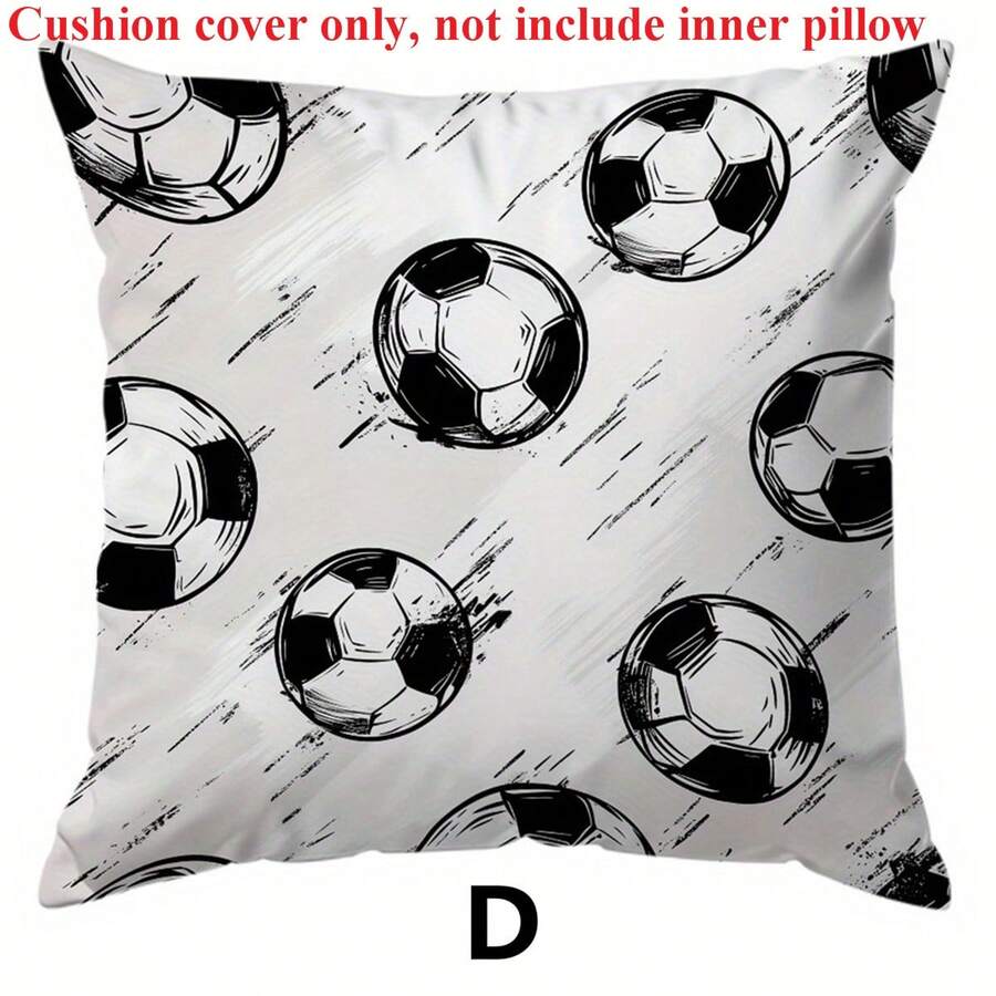 1pc Football Theme Throw Pillow Cover, 17.7x17.7 Inches - Soft Peach Velvet Polyester, Zippered, Machine Washable, Suitable For Home And Office Decor, No Pillow Insert - Black and White D - View 1