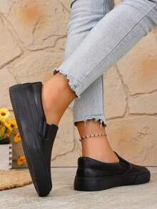 女士一脚蹬皮革乐福鞋、步行鞋、时尚休闲鞋 - 純黑 - 查看 7