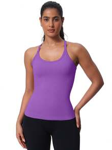 Workout Tank Tops For Women Built In Shelf Bras Padded -Racerback Athletic Tank Tops Ribbed Yoga Shirts - 紫色02 - 查看 4