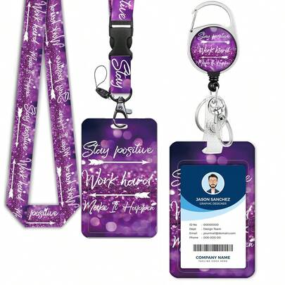 1 pieza (Clip de insignia + Cordón + Portador de tarjeta) Insignia personalizada púrpura "Mantén una actitud positiva y trabaja duro" con flecha, carrete retráctil versátil y minimalista, portador de tarjeta de identificación de enfermera con clip giratorio, llavero, cordón impreso por ambos lados en color púrpura, soporte de insignia desmontable adecuado para escuela, personal médico, trabajadores sociales, accesorios de oficina unisex, regalo del Día de la Enfermera (Púrpura)