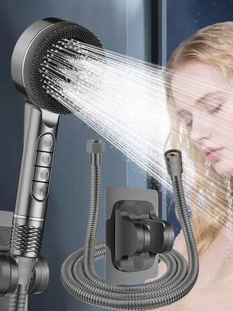 (Single Shower Head/3pcs Set) Home Use Filtered Pressurized 4-Setting ABS Shower Head With 1.5m Stainless Steel Hose And ABS No-Drill Shower Head Bracket