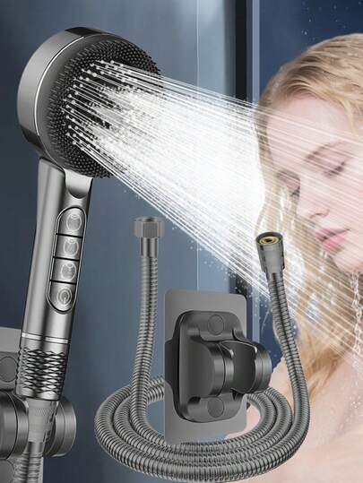(Single Shower Head/3pcs Set) Home Use Filtered Pressurized 4-Setting ABS Shower Head With 1.5m Stainless Steel Hose And ABS No-Drill Shower Head Bracket