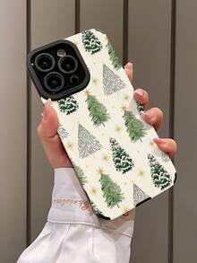 1pc Fashionable Vertical Striped Green Christmas Tree Pattern High-End Faux Leather Anti-Fall Anti-Fingerprint Shock-Proof Phone Case Compatible With Apple And Models - Multicolor - View 3