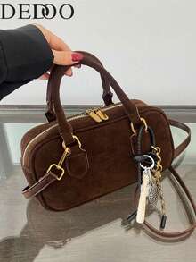 Vintage Fashionable Versatile Textured Boston Bag, Elegant Charm Decor Large Capacity Tote, Unique Solid Color Crossbody Bag, Suitable For Commuting, Shopping And Work (Charm Style Random) - Coffee - View 11