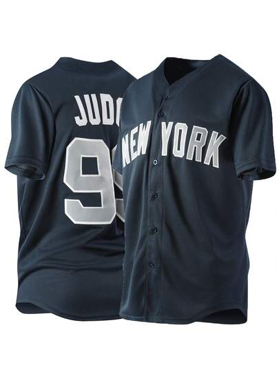 Men's Embroidery Baseball Jersey 99 Blue Casual Short Sleeve V-Neck Button T-Shirts Party Sports Top