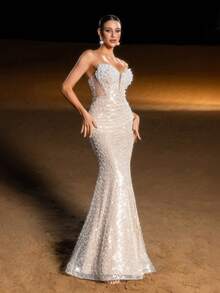 Faeriesty Haute Glamour Luxurious Beaded Sequin Mermaid Evening Gown, Lace-Up Back Detail & Graceful Mermaid Silhouette – Floor-Length Flared Skirt Ideal For Galas, Proms, Bridesmaid Dresses & High-End Evening Gatherings