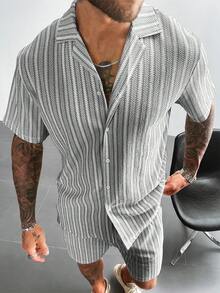 GloMan Style 男士波西米亚风钩针针织衬衫和短裤套装（2件套），多色条纹提花纹理衬衫，适合海滩度假、音乐节、夏威夷风情等场合，是送给他的绝佳礼物，充满复古度假气息。也是送给妈妈的理想礼物。 - 黑與白 - 查看 6