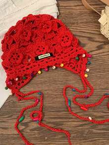 Boho Bohemian Retro Handmade Tassel Fashion Ball Red Knitted Wool Hat, Warm Headband Hat With Ear Protection For Winter, Unisex Knit Beanie Warm Thermal Outdoor Hat For Skiing And Traveling, Random Style And Color