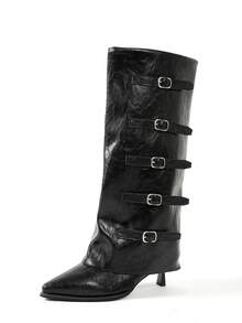 尖头细高跟鞋皮革材质金属扣装饰多功能舒适时尚高跟款式马靴、及膝靴、户外靴、裤腿靴、靴子、褶皱靴，适合音乐节和万圣节 - 黑色 - 查看 7