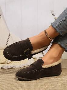 Women's -On Loafers With Thermal Lined, Metal Buckle Decor, Flat Casual Winter Moccasins