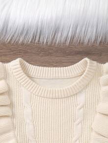 Girls' Elegant Ruffle Trim Round Neck Drop Shoulder Long Sleeve Knit Sweater - Beige - View 2