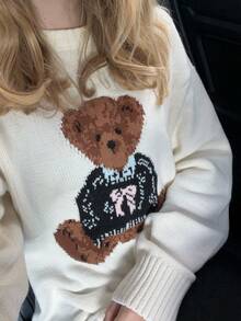 Women's Autumn And Winter New Knitted Round Neck Little Bear Pattern Pullover Sweater Casual Simple Cute Fall Streetwear New Year