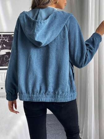 Women's Solid Color Corduroy Hooded Jacket, Ladies Autumn Corduroy Casual Long Sleeve Jacket, Women's Hooded Drawstring Pocket Single-Breasted Jacket