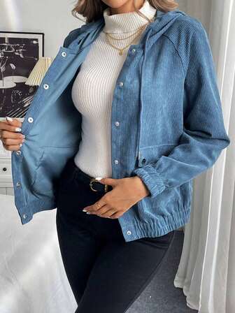 Women's Solid Color Corduroy Hooded Jacket, Ladies Autumn Corduroy Casual Long Sleeve Jacket, Women's Hooded Drawstring Pocket Single-Breasted Jacket