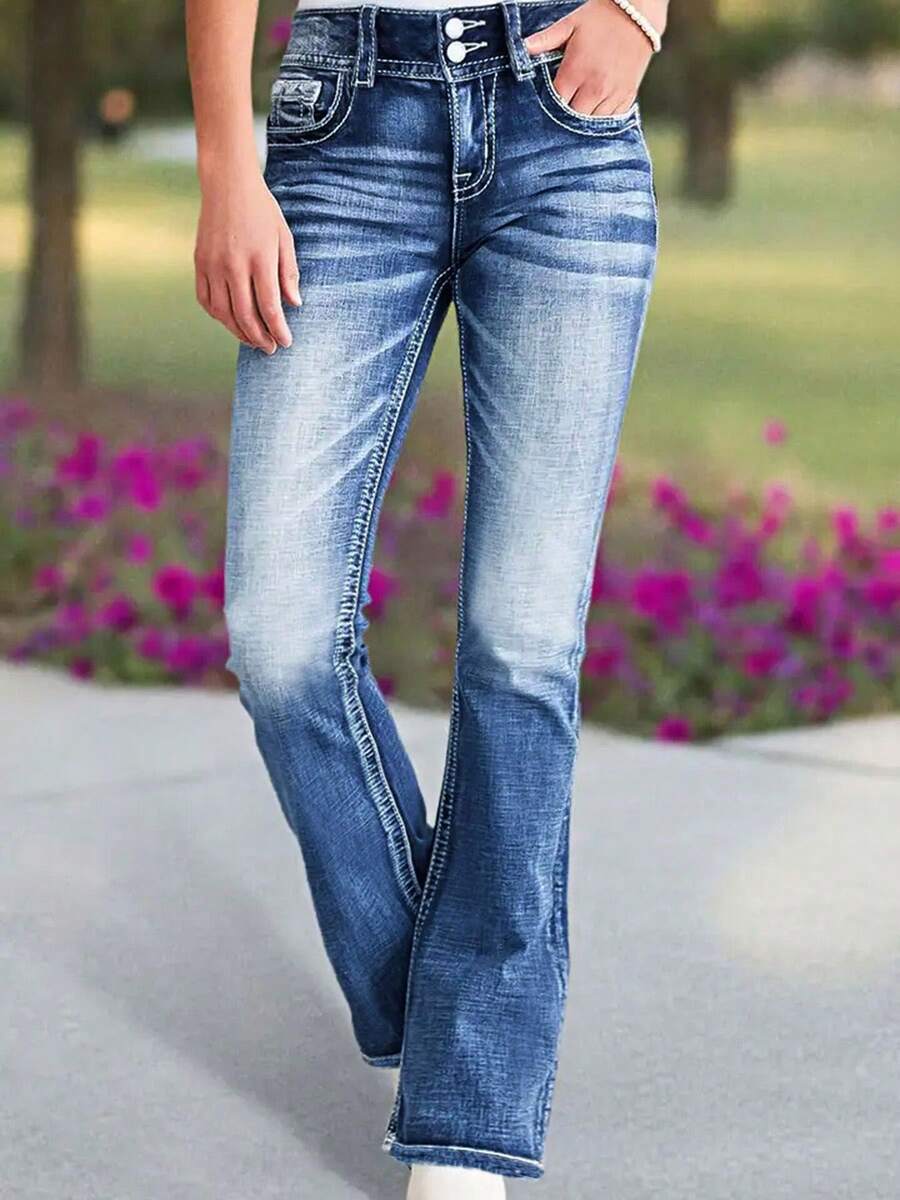 Classic Washed Straight Jeans Pocket Embroidery Reshapes New Fashion Posture Classic Fashion Joker Slim Height. - 藍色 - 查看 1