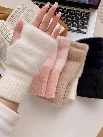New Mink Fleece Half Finger Gloves For Women's Soft Winter Warmth Luxury Solid Color Plush Knitted Fingerless Gloves ,Warm Woolen Half Finger Gloves, Women's Winter Plush Knitted Handguard, Wrist Leak Finger, Versatile Touch Screen, Office, Student Writing,New Mink Fleece Half Finger Gloves For Women, Soft & Warm Luxury Solid Color Plush Knitted Fingerless Gloves, Winter,Warm